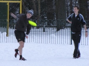 James throws the pull - Ultimate Frisbee starts with a 'pull', a really long throw to the opposition - similar to rugby's kick off